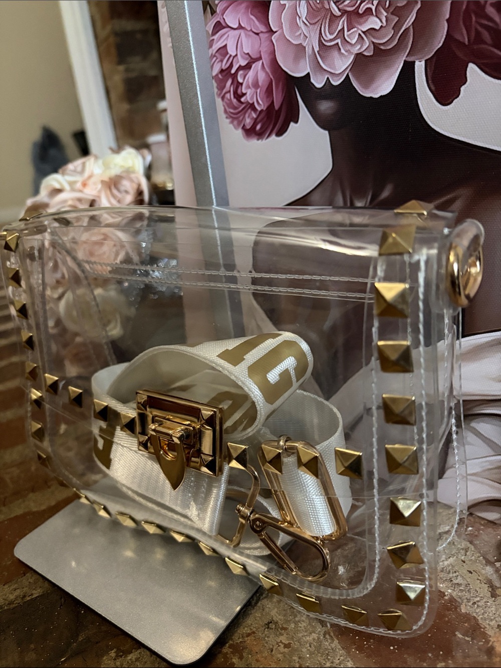 Clear Crossbody Bag with Gold Stud Accents and White Strap - Picture 2 of 4
